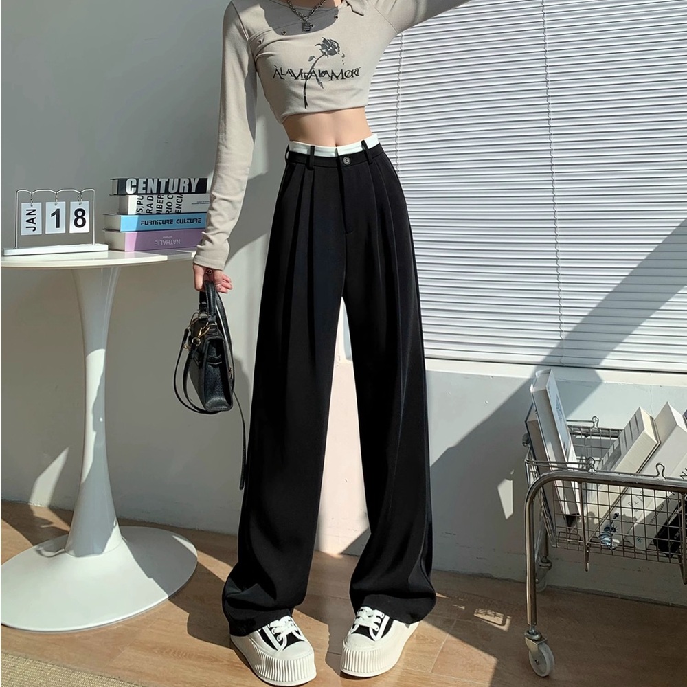 nwot black white waistband straight leg trousers pants work or casual medium